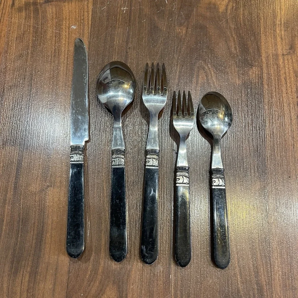 20 Vintage Sabatier CANNES flatware MCM bakelite style 4 Piece‎ Set Rare Black